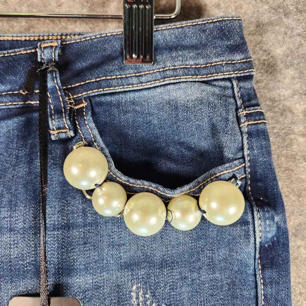 Bebe Womens Blue Distressed Denim Jeans Pearl Embellished Pockets Size 30 - Picture 6 of 16